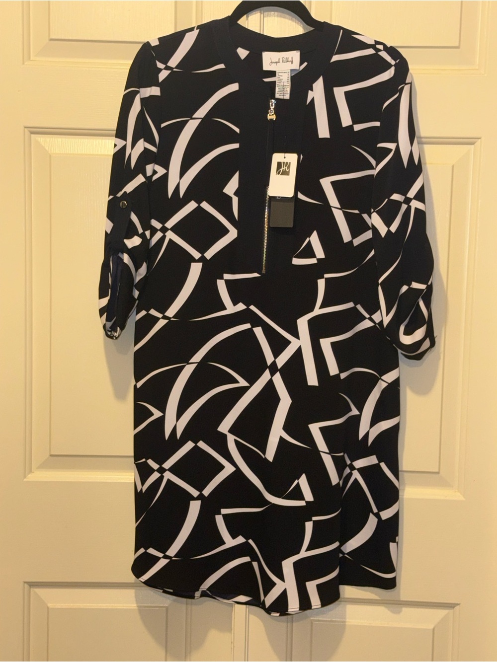 Joseph Ribkoff Black and White Abstract Geometric Midi Dress